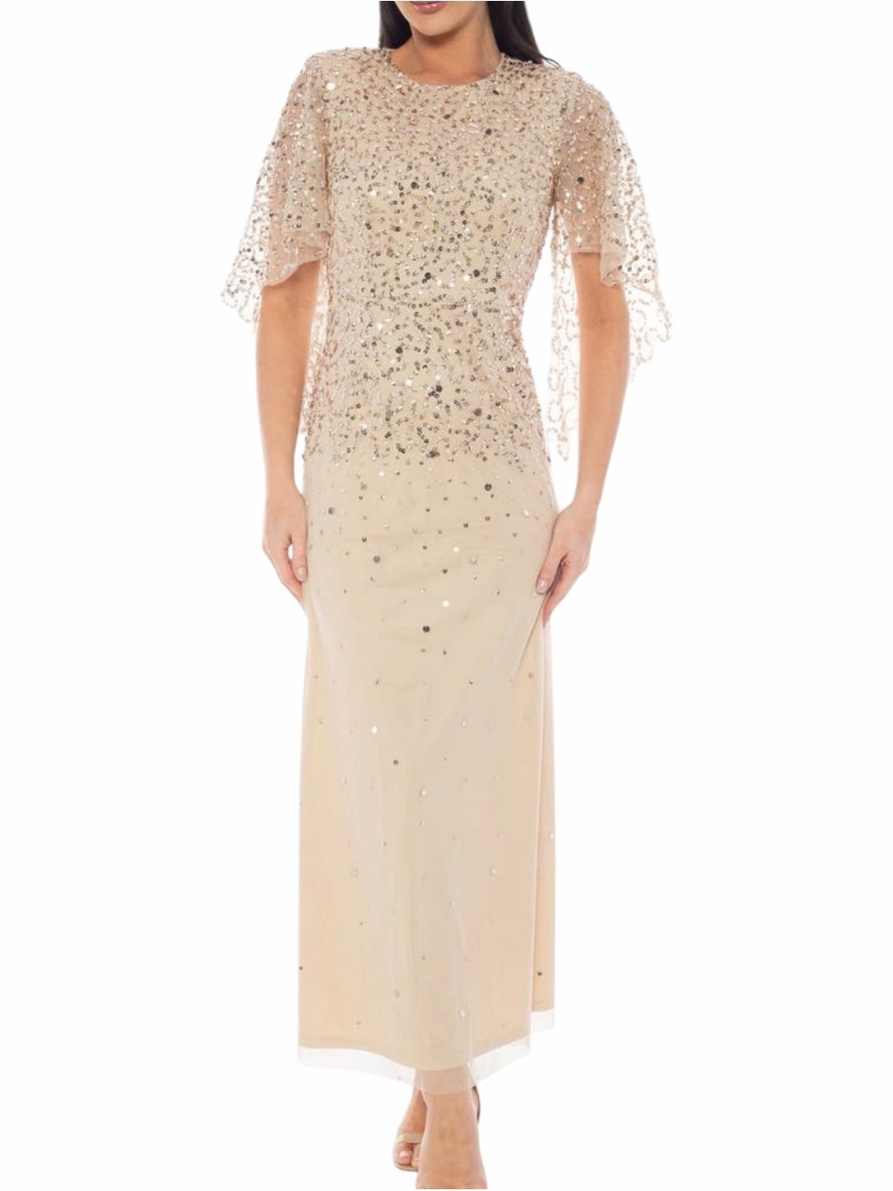 NWT Oleg Cassini Sequin Flutter Sleeve Gown  in Champagne Size Small